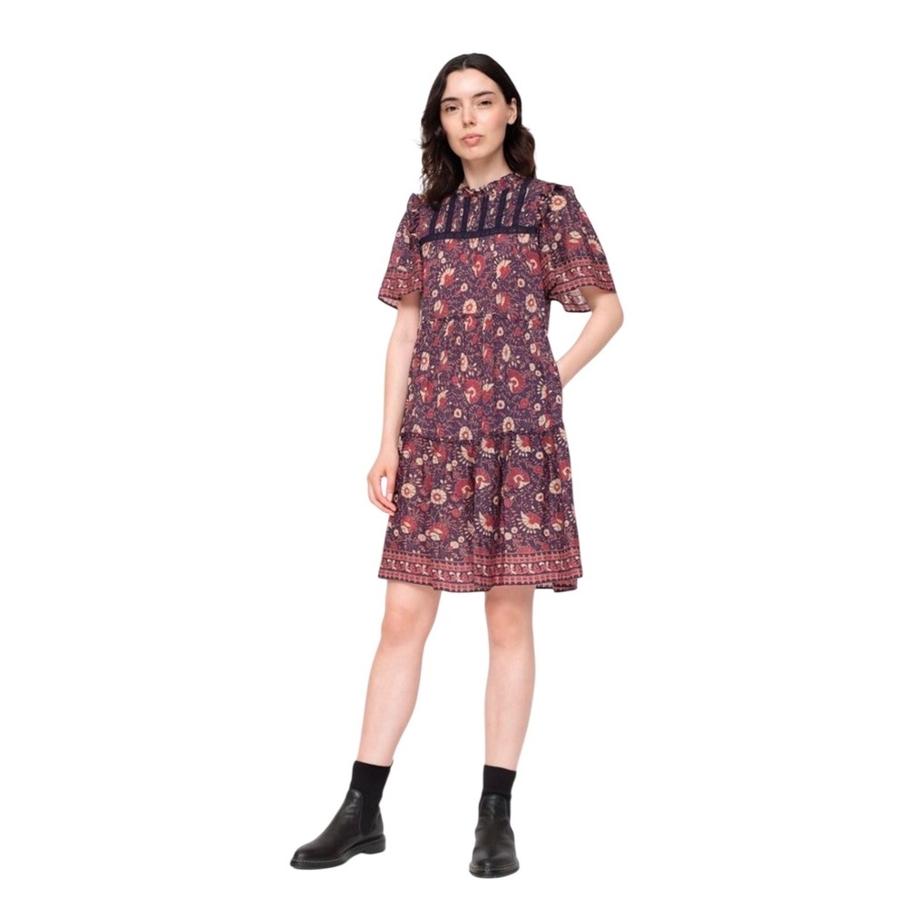 Sea New York Floral Dress Sz 00 Navy Burgundy Tiered Boho Designer Cottagecore